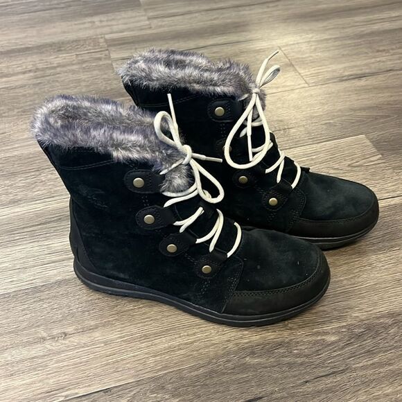 Sorel Women's Explorer Joan Black Fur-Lined Winter Snow Boots US 10 - Picture 1 of 7